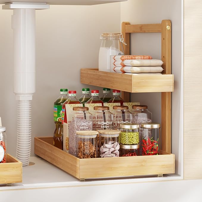 Bamboo Under Sink Organizer and Storage, 2 Tier Pull Out Cabinet Organizer, Slide Out Under Sink Storage Shelf, Undersink Organizers Shelves for Kitchen Bathroom Organization (Nature, 1 Pack)