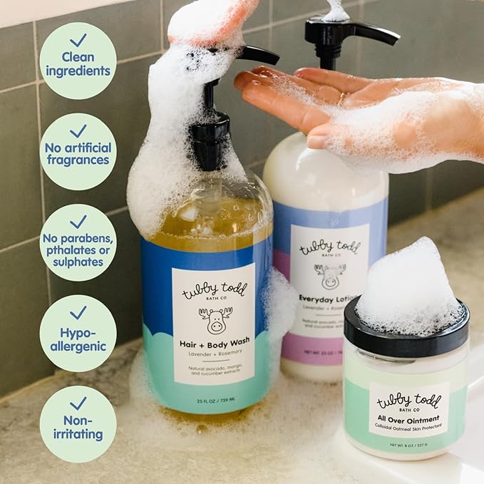 TUBBY TODD 3-Step Baby Bath & Skincare Routine - The Regulars Bundle - Baby Shampoo and Body Wash, Everyday Lotion 25 Oz & All Over Ointment 8 Oz - Lavender Rosemary