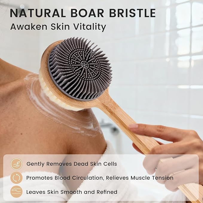 Back Scrubber for Shower - Double-Sided Silicone and Super-Dense Bristles for Deep Cleaning & Exfoliation, Bamboo Long Handle with Wider Anti-Slip Grip, Body Exfoliator for Wet or Dry Brushing