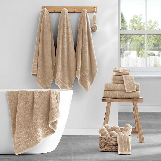 Casa Platino 100% Mercerized Cotton Bathroom Towel Set - 18 Pcs - Ring Spun, Super Soft & Highly Absorbent - 6 Large Bath Towels, 6 Washcloths, 6 Hand Towels - Wide Variety of Colours - Beige