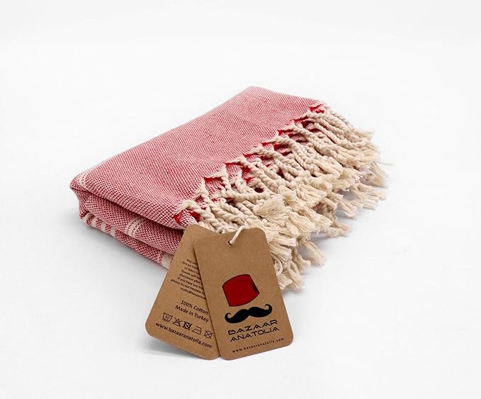 Bazaar Anatolia Turkish Towel 100% Cotton Beach Towel 76x38 Thin Lightweight Travel Camping Bath Sauna Gym Pool Unique Red Towels