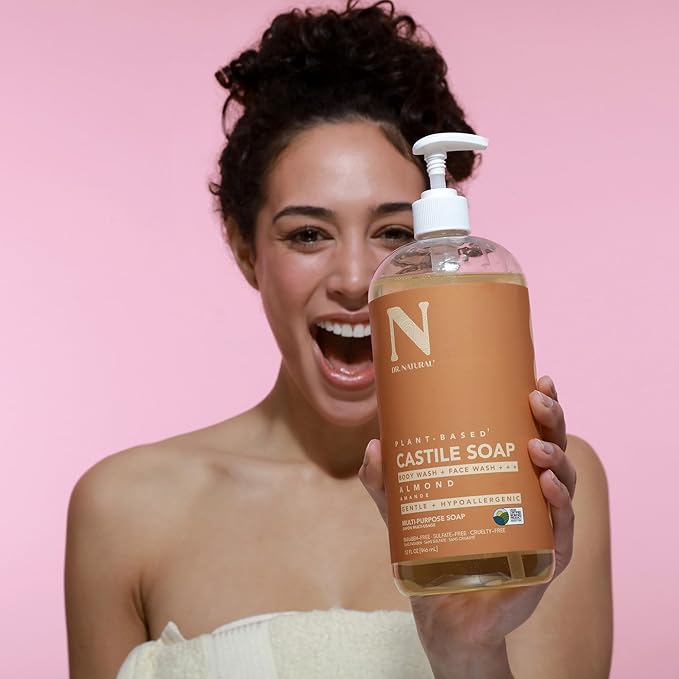 Dr. Natural Castile Liquid Soap - Multi-Use Body Wash, Shampoo and Face Wash - Hydrating Body Soap for Skin, Hair, Pets and Home - Almond - 32 oz.
