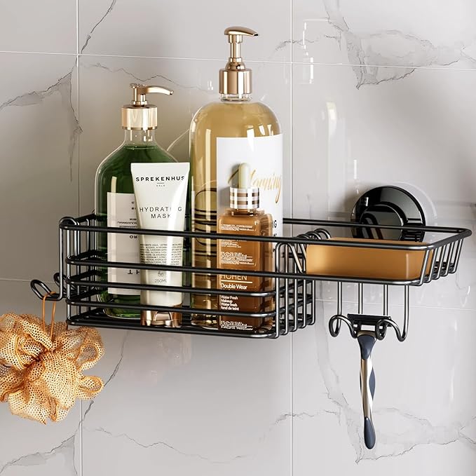 TAILI Shower Caddy Suction Cup with Hooks and Soap holder, Heavy Duty Bathroom Shower Organizer, No Drilling Bathroom Holder with Large Capacity, Metal Black Storage Basket