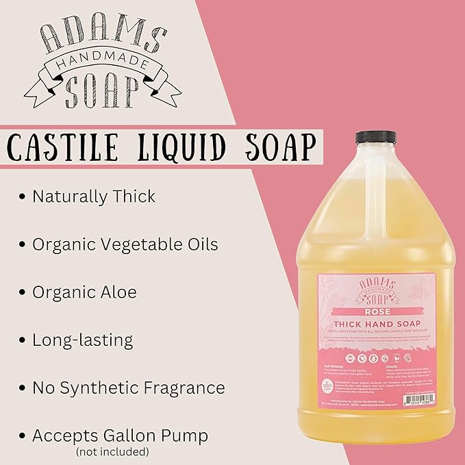 Adams Handmade Soap Thick Organic Castile Liquid Hand Soap 1 Gallon Refill - Rose (Pack of 4)