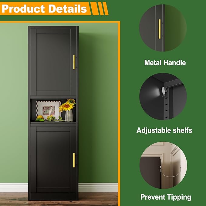 Tall Narrow Storage Cabinet 66.93" H Tall Bathroom Cabinet Metal Pantry Cabinets, 4 Adjustable Shelves for Kitchen, Home Office, Living Room, Dinning Room (20 inches Wide Black)