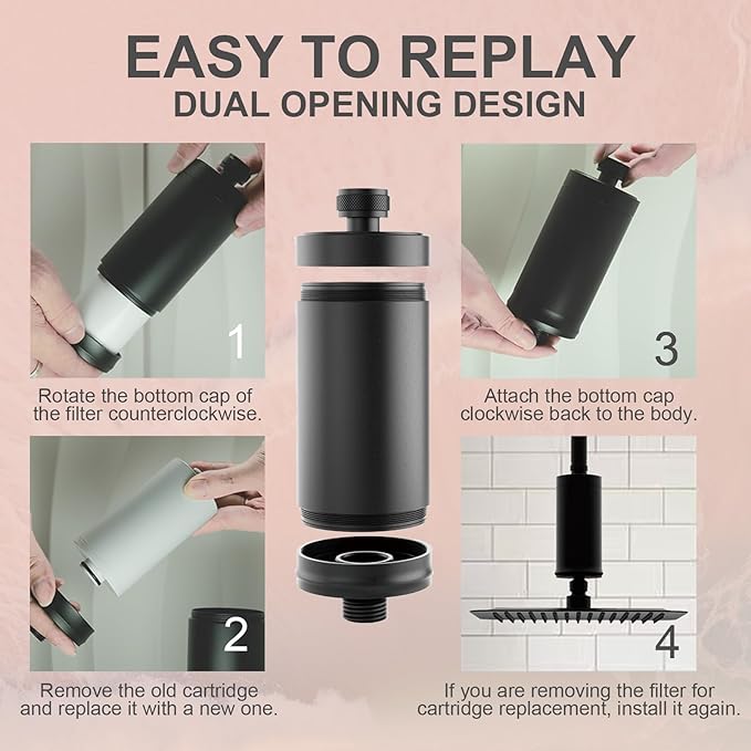 Metal Durable High Flow Shower Filter, 90% dechlorination effect, adsorbs heavy metals, balances the ph level of the water, relieves your skin from dryness, Matte Black Showerhead Filter