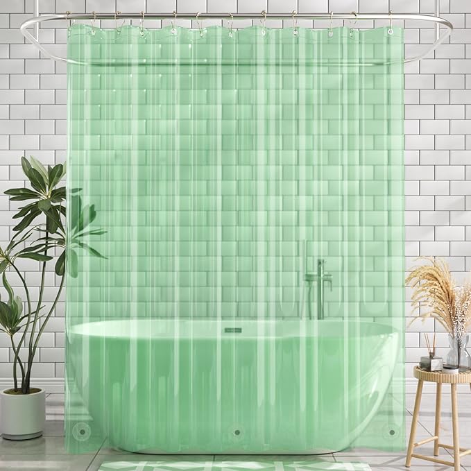 AmazerBath Shower Curtain Liner, 72x72 Transparent Mint Green Shower Liner, Lightweight Plastic Shower Curtain Liners, Waterproof Shower Liner for Bathroom with 3 Magnets and 12 Grommet Holes