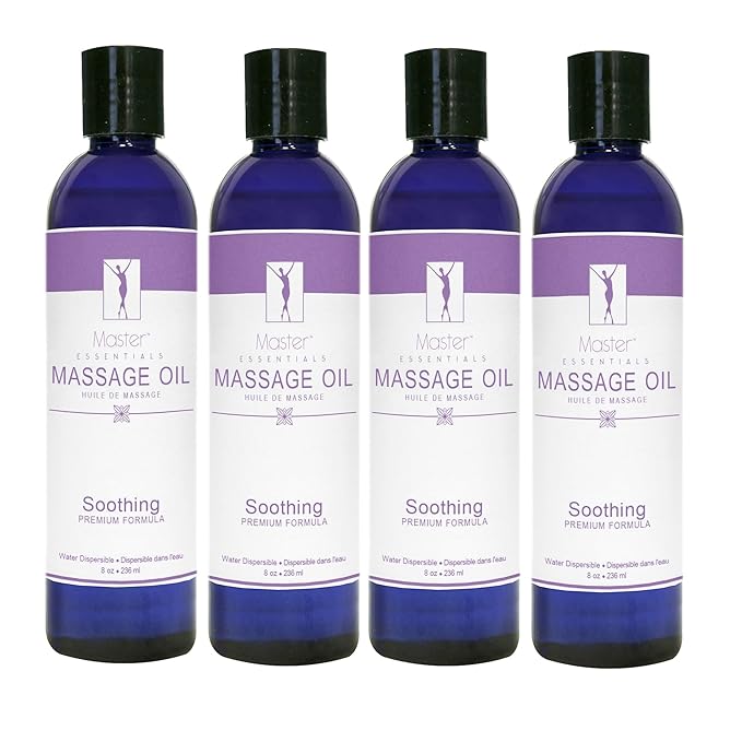 Master Massage Organic Massage Oil - 8 fl oz, Soothing Sense, Water-Soluble, Skin-Nourishing Formula for Relaxation, Ideal for Massage Therapy and Home Use, Pack of 4