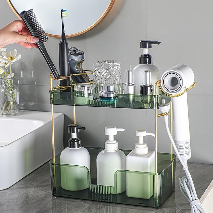 2 Tier Bathroom Counter Organizer with Hair Dryer Holder, Modern Style, Countertop Mount, 2 Shelves, Green