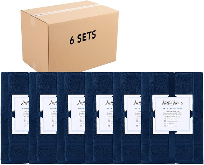 Arkwright Bath Towels Set of 6 - (Case of 36) Super Soft 100% Cotton, 600 GSM Quick Dry & Absorbent, Luxury Bathroom Essentials with 12 Shower Towels, 12 Hand Towels and 12 Washcloths, Lapis Navy