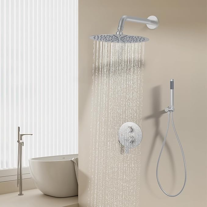 12-Inch Brushed Nickel Shower System: Ultimate High-Pressure Experience with Rainfall & Handheld Heads, Wall-Mounted Mixer, Rough-In Valve, & Trim Kit