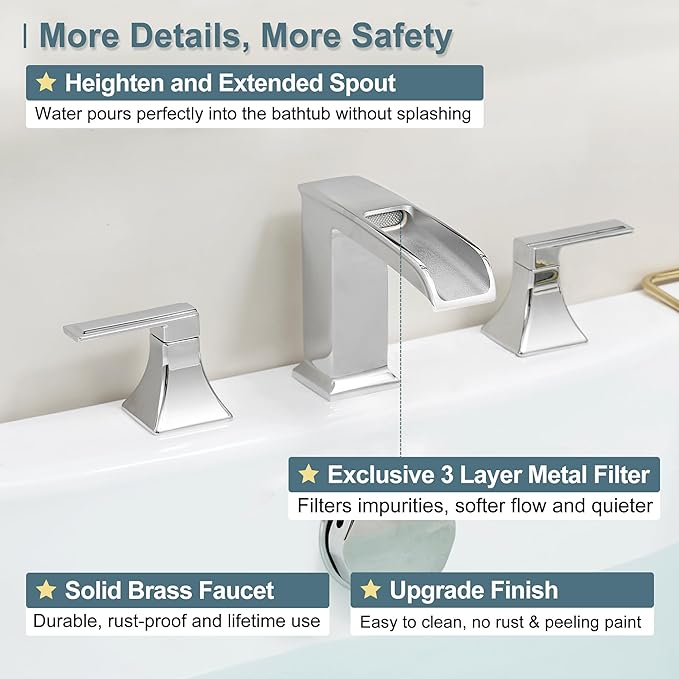 Brass Roman Tub Faucets, High Flow Waterfall Deck Mount Bathtub Faucet Set, Widespread 3 Hole with Dual Handles & Pre-Installed Hose, Modern Style Suit Soaking Tub, Chrome