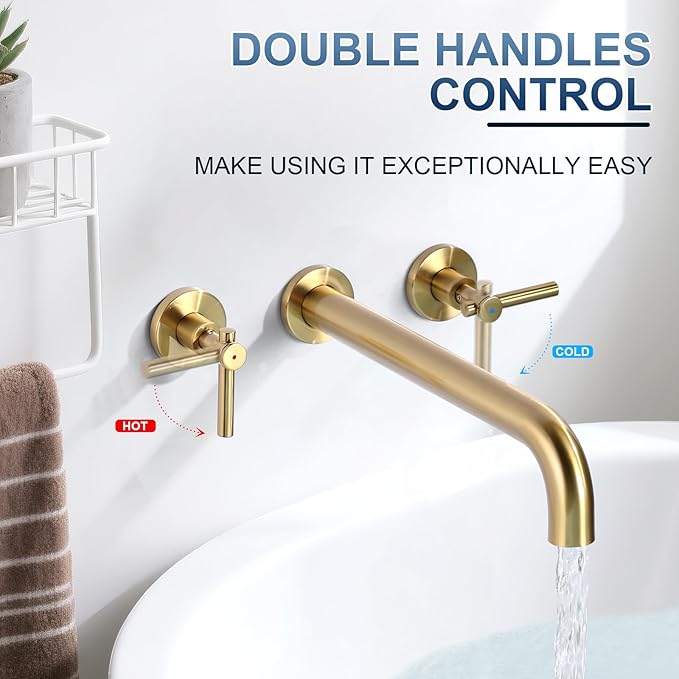 ALEASHA Wall Mount Tub Filler Tub Faucet High Flow Bathtub Faucets Two Handles Solid Brass, 12" Long Spout Reach, Brushed Gold