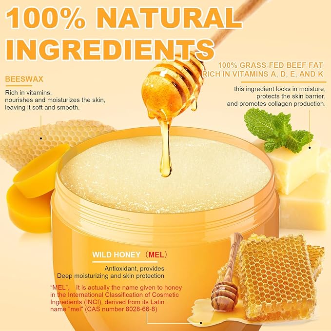 Beef Tallow for Skin, Natural Tallow Balm Face & Body Solid Moisturizer with Raw Honey and Beeswax, Grass-Fed Beef Tallow & Raw Wild Honey Blend, Hydrating Body Lotion for Nourishment,100G/3.5OZ (1PC)