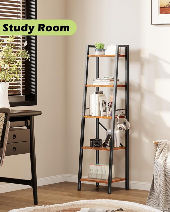 Furologee 5 Tier Ladder Shelf Bookcase, Tall Narrow Bookshelf with 2 Hooks, Rustic Brown Bathroom Corner Book Shelf, Metal Wood Book Case Standing Unit, Display Shelf for Living Room Office Kitchen