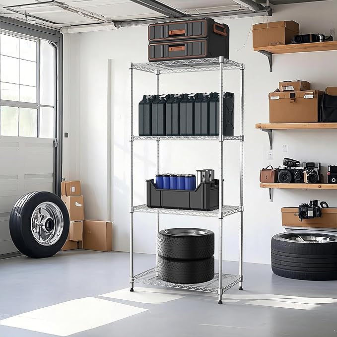 1000 lbs 4Tier Shelf Metal Storage Shelves Wire Rack Closet Organizers with Wheel for Garage Kitchen Bathroom Laundry Chrome 13.7" D x 23.6" W x 53.4" H
