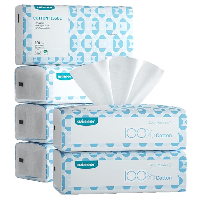 Winner Soft Face Towels, 100% USDA Biobased Facial Towels, Unscented Cotton Tissues for Sensitive Skin, OEKO-TEX Certified Face Towelettes Disposable, Makeup Remover Dry Wipes, 600 Ct, Pack of 6