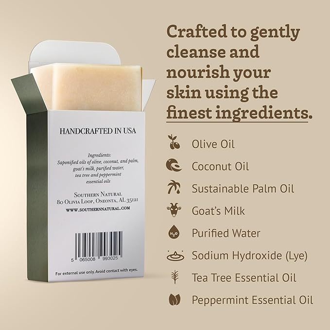 Southern Natural Goat Milk Soap Bar (3 Pack - Tea Tree Peppermint) For Dry, Sensitive Skin. Natural Handmade Soap For Men, Women and Kids. Great For Face & Body.