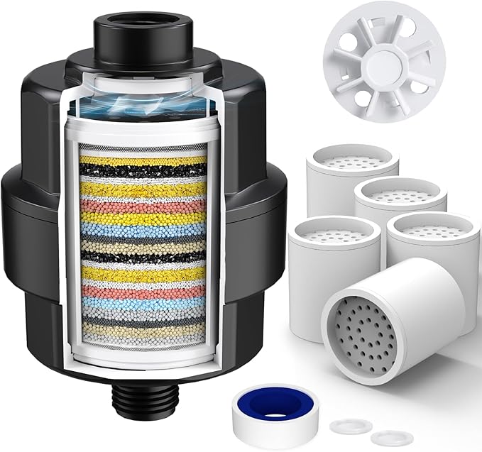 20-Stage Shower Filter-Shower Head Filter for Hard Water, with 5 Replaceable Cartridges, High Output Shower Water Filter for Removing Chlorine and fluoride, Black