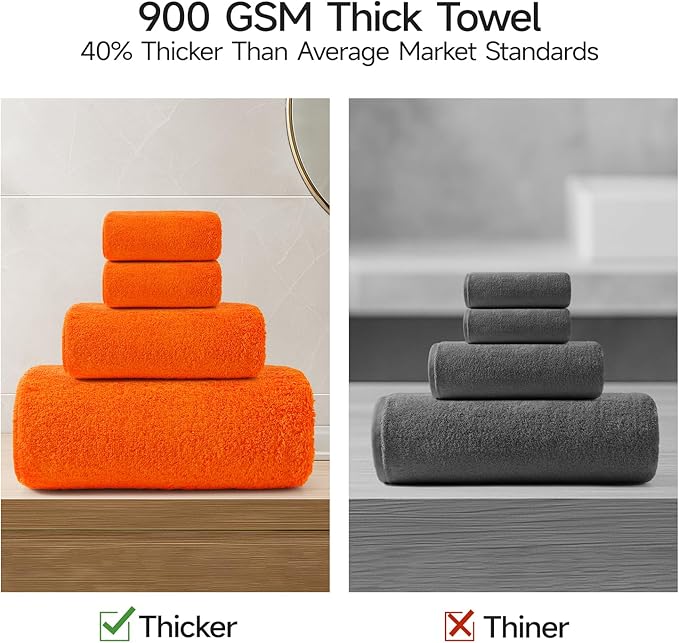 REDKISS Luxury Bath Towel Set of 4, 100% Cotton 900 GSM Premium Bathroom Towels, Ultra Soft, Highly Absorbent & Quick Dry Bath Sheets, No Shedding, Hotel & Home Spa Towel Sets for Adults - Orange