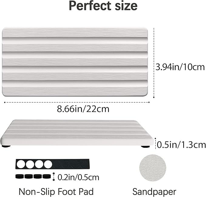 2 PCS Water Absorbing Stone Trays for Bathroom Sink & Kitchen Counter, Fast-Drying Diatomite Sink Caddy, Vanity Tray, Hand Soap Holder with Anti-Skid Pads (White, 8.7" x 4"/22 x 10cm)