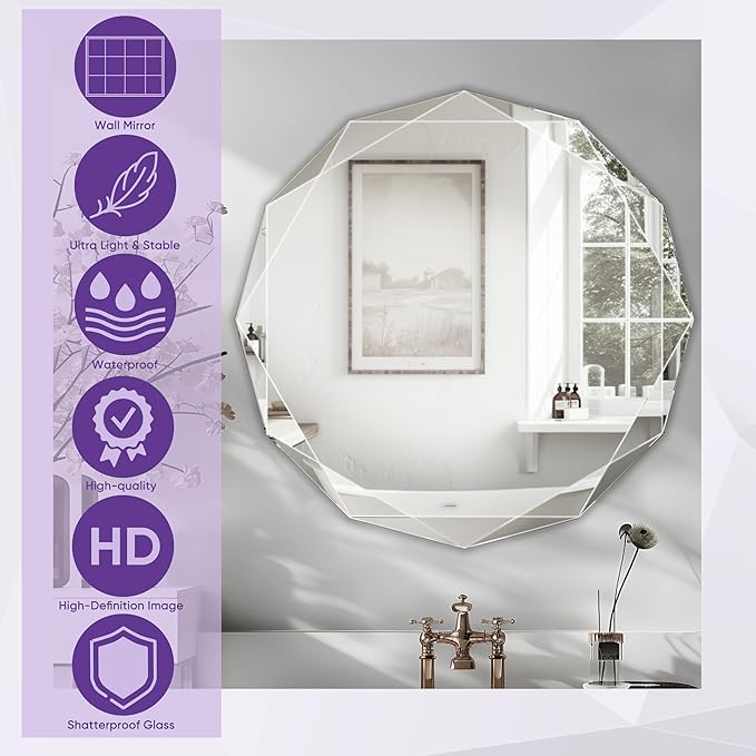 Bathroom Mirror for Wall, 24" x 24" Circle Bathroom Vanity Mirror, Beveled Edge Frameless Wall Mount Vanity Mirror, Decorative Round Irregular Beveled Edge
