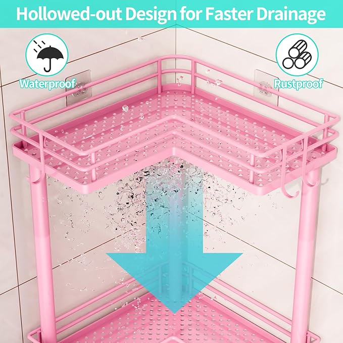 HapiRm Corner Shower Caddy Standing - 3 Tier Shower Organizer Corner with Soap Holder, Rustproof Bathroom Standing Organizer with 4 Hooks, Pink