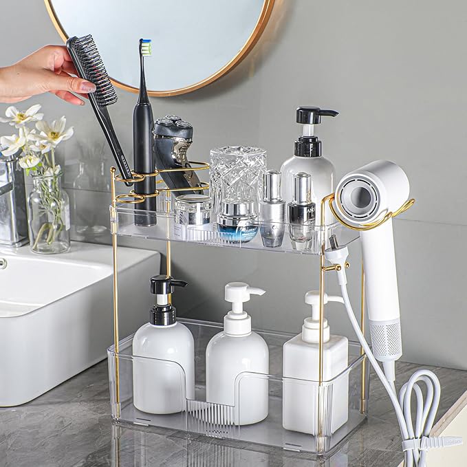 2-Tier Bathroom Counter Organizer with Hair Dryer Holder, Modern Style, Cosmetics & Skincare Shelf Organizer