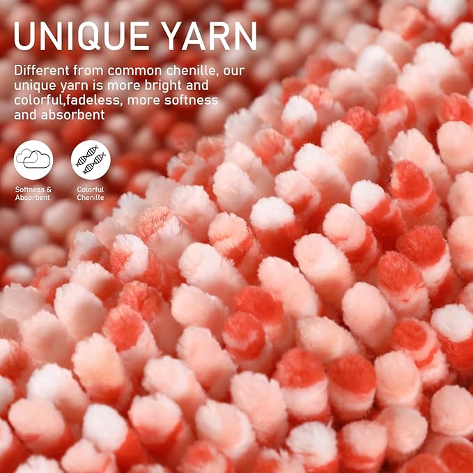 Yimobra Bath Mats for Bathroom Non Slip, 36x24, Extra Soft Chenille Bathroom Rugs, Luxury Fluffy Long Matts for Tub, Plush Shaggy Carpet, Water Absorb, Machine Washable, Orange & Pink