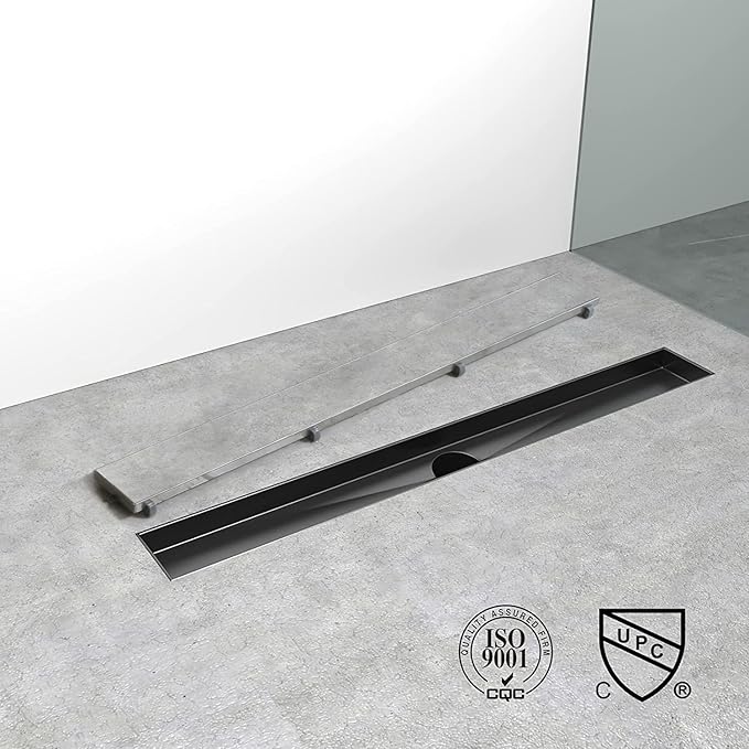 Linear Shower Drain, 24 inch Black Drain with Tile Insert 2-in-1 Panel, Brushed 304 Stainless Steel Shower Floor Drain, Linear Drain with Hair Strainer and Adjustable Feet