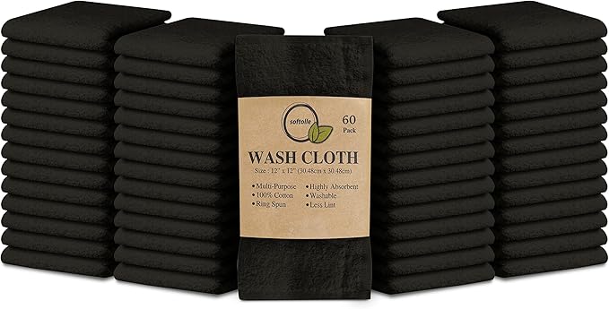 Softolle 100% Cotton Ring Spun Wash Cloths – Bulk Pack of Washcloths – 12x12 Inches – Wash Cloth for Face, Highly Absorbent, Soft and Face Towels (Black, 60 Pack)