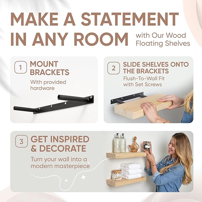 Homeforia Wood Floating Shelf 16 inch, High End Solid Natural Wood 16inch Floating Shelves for Wall Mounted, Unfinished Wooden Small Floating Shelves, Heavy Duty Bracket, 16 X 6.5 X 1.75 in, Set of 4