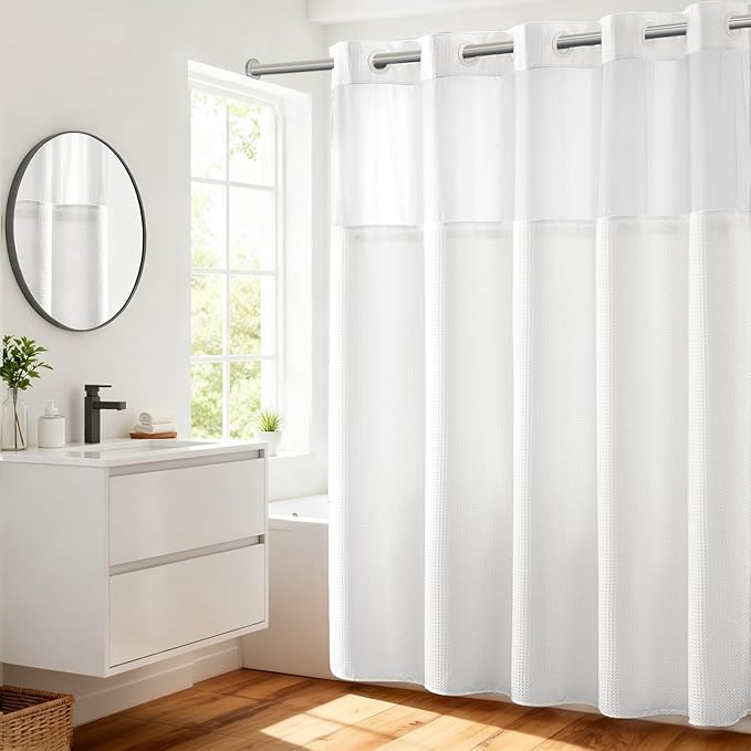 River Dream Heavyweight No Hooks Required Dotted Waffle Weave Shower Curtain with Snap in Liner - 71W x 77H,Hotel Grade,Spa Like Bath Curtain,White