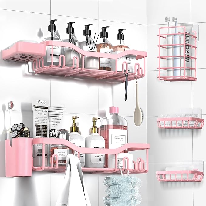 Shower Caddy Adhesive Shower Organizer 7-Pack, Rustproof Stainless Steel Bathroom Shelves, Large Capacity No-Drill Rack Storage Accessories with Soap Dish Toothbrush Holder Hooks (Pink)