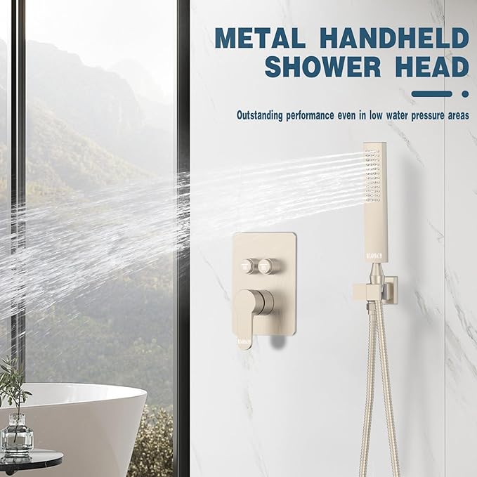 Rainfall Shower System, 12 inch Wall Mounted Rain Shower Head with Handheld Spray, Push Button Diverter 2 Functions Simultaneous Use, Shower Faucet Set Rough-In Valve Includ, Brushed Nickel