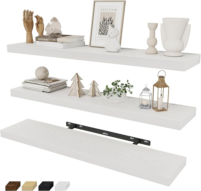 Fun Memories 32 Inch Floating Shelves Wall Shelf Set of 3, White Bathroom Shelves 32 Inch, Farmhouse Home Decor Living Room, Kitchen White Shelves for Wall, 32 x 6.7 x 1.4 Inch