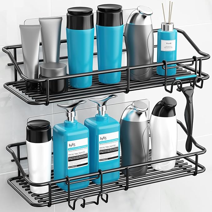 Nieifi Shower Caddy Shelf with Hooks Storage Rack Organizer Adhesive Stainless Steel Without Drilling for Bathroom, Lavatory, Washroom, Restroom, Shower, Toilet, Kitchen - 2 Pack (Black)