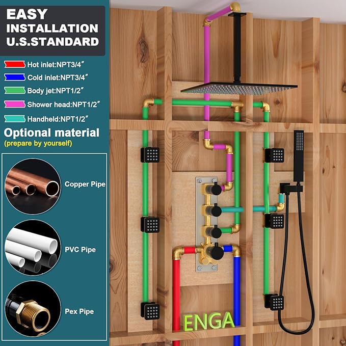 Full Body Rain Shower System - 16inch Matte Black LED Rain Shower Thermostatic Faucet Set - Spray Jet with On-off Switch, Can Run Together