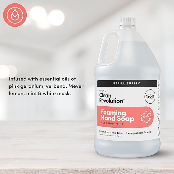 Clean Revolution Foaming Hand Soap, Gentle, Moisturizing, Ready To Use Formula, Real Essential Oils, Gluten Free, Geranium Mint, 128 Fl Oz