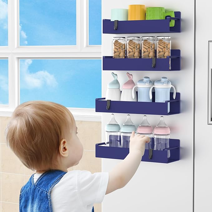 4 Pack Magnetic Spice Rack Organizer for Refrigerator and Oven, Dark Blue Fridge Organizers and Storage for Kitchen