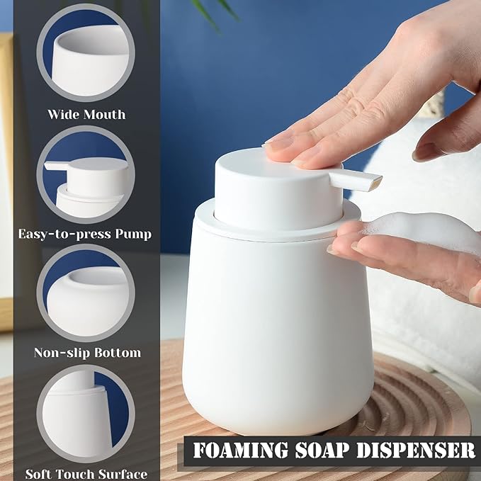 BosilunLife Foam Soap Dispenser - 12 oz Bathroom Lotion Pump, White Ceramic Dish Liquid Dispenser for Kitchen and Hand Wash (Rubber Paint)