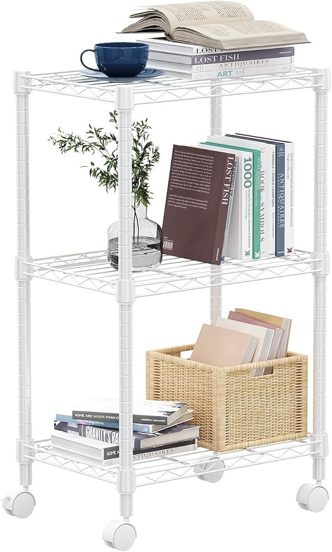 3 Tier Shelf Metal Storage Shelves Wire Rack Closet Organizers with Wheel for Garage Kitchen Bathroom Laundry White 11.8" D x 17.7" W x 29.8" H