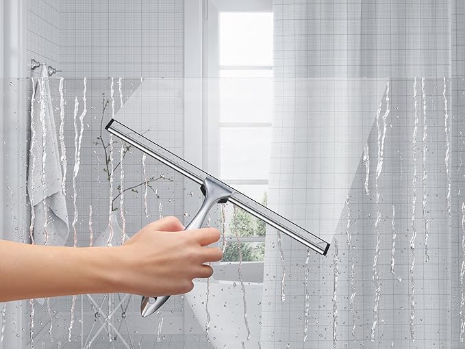 12'' Light Weight Stainless Steel Shower Squeegee for Glass Doors with 4 Pieces Set (1 Window Squeegee, 1 Door Hook and 2 Adhesive Hooks) Perfect Cleaning Tool for Car, Window, Bathroom Mirror