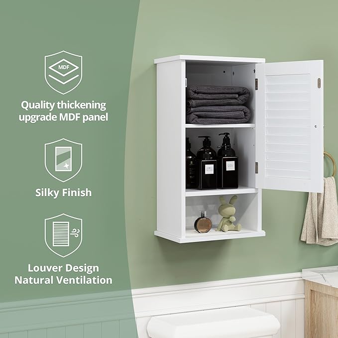Small Bathroom Wall Cabinet, Slim Single Louvered Door Narrow Over The Toilet Storage, Adjustable Shelves, Space Saver Organizer, 13.4x8.9x25.3 inches