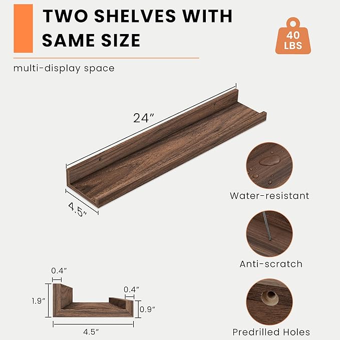 Heimlove Picture Ledge Shelf, Floating Shelves Set of 2, 24 Inches Picture Shelf for Wall with Ledge, Kids Bookshelf Wall Mounted for Living Room Bedroom Decor Books Photo Frames - Walnut