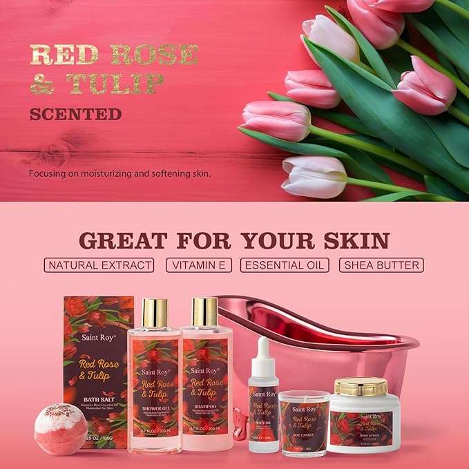 Christmas Gifts for Women, spa kit Gifts for Her Mother's Day Bath Spa Gift Set Red Rose & Tulip Spa Basket Kits for Women, Contains Body Oil, Body Lotion, Salt, self care baskets Mother's Day Gift