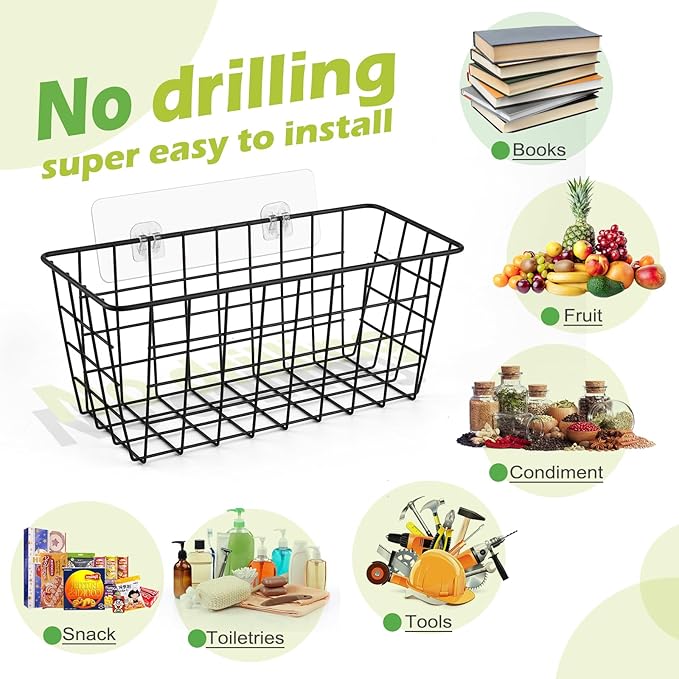 2 Pack Hanging Kitchen Baskets, Adhesive Wire Wall Storage Basket, No Drilling Hanging Fruit Baskets, Cabinet Door Organizer for Kitchen Bathroom Pantry, Upgrade Super-sized Adhesive