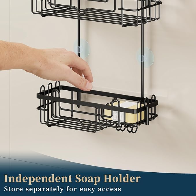 Consumest Over the Door Shower Caddy - 2-Tier Hanging Shower Organizer with Soap Holder, Rustproof Bathroom Storage and Organizer Rack for Shampoo, Towels, and Toiletries, Black