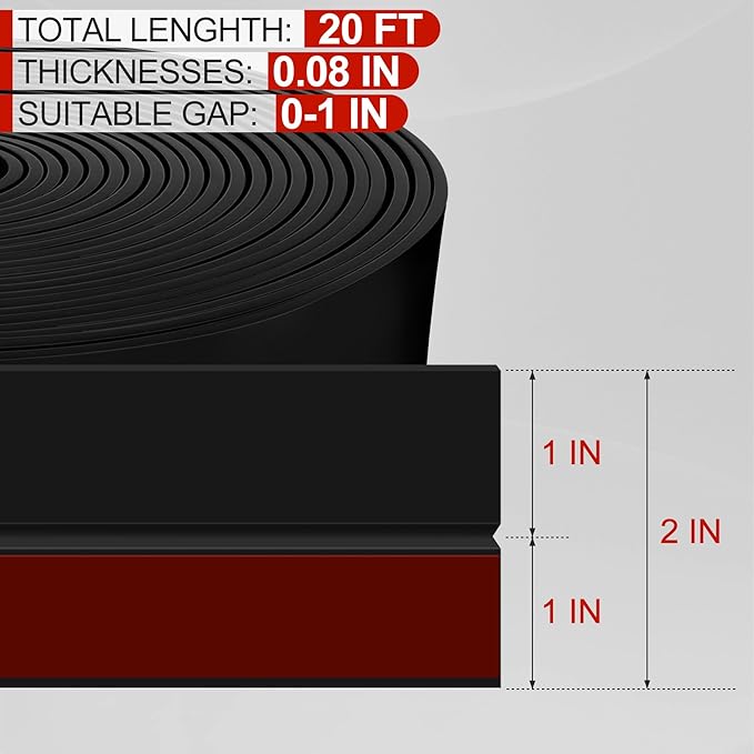 MYFAMIREA Door Weather Stripping 2IN (W) x 20FT (L) Door Draft Stopper Seal Tape Silicone Seal Strip Self Adhesive Shower Sweep Insulation Tape Side Bottom Strip for Sliding Glass Window Gap, Black