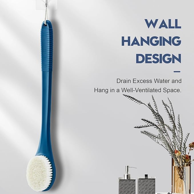 Back Scrubber for Shower, Shower Body Brush for Cleaning with Long Handle for Showering, 17 Inch Back Washer Exfoliator for Shower Men Women with Non-Slip Handle, Adhesive Hook (Navy Blue)